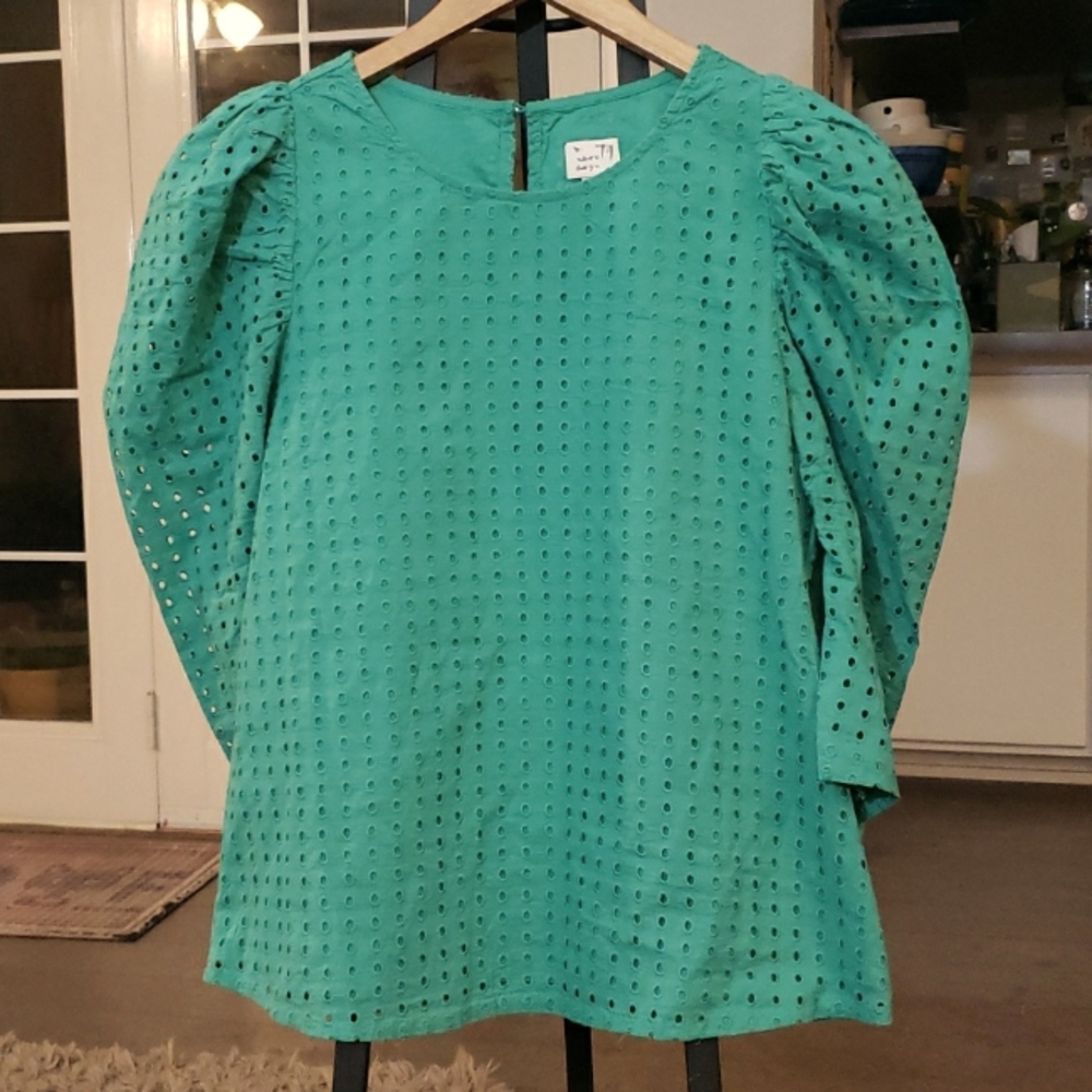 A New Day teal blue eyelet blouse. Size M NWT